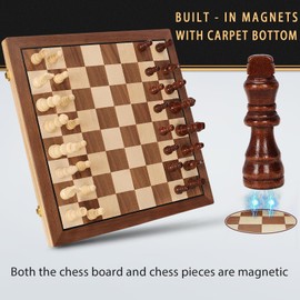 Magnetic Wooden Chess Set for Adults Kids, 15" Folding Chess Boards with 2 Extra Queens, Portable Travel Chess Sets with Pieces Storage Slots, Beginner Chess Game Set for Kids, Adults