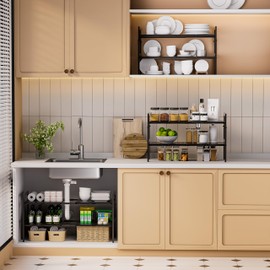 2-Tier Expandable Under Sink Organizers, Adjustable Height & Length Under Kitchen Sink Organizer with 8 Removable ABS Panels & Metal Frame, Cabinet Shelf for Bathroom, Pantry, Shoe Storage Rack