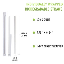 Individually Wrapped Straws, Disposable Paper Drinking White Straws 100 Pack, for Parties, Restaurants, Food Services - 7.75 Inch