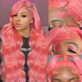 Dorashion 30 Inch Pink Lace Front Wigs Human Hair 13x4 HD Transparent Pink Colored Body Wave Human Hair Lace Front Wigs for Women 180 Density Pre Plcked Lace Frontal Wig with Baby Hair