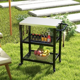 YITAHOME Outdoor Grill Table with Hooks and Side Handle, Movable Outdoor Prep Table for Pizza Oven and BBQ, Grill Cart Fit for Patio Garden Lawn Porch Kitchen, Sliver and Black
