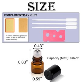 RAMFIYN 60 pack 1ml Amber Glass Roller Bottles for Essential Oils Refillable Roll-on Applicator with Stainless Steel Roller Balls Mini Leak-proof Makeup Containers with Pipettes and Bottle Opener
