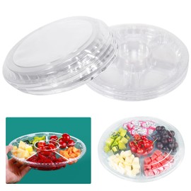 10 Pcs Round Plastic Appetizer Tray with Lid - Divided Serving Tray, Disposable Food Storage Trays Containers, Plastic Tray Storage, Kids Snack, Fruit Platter Vegetable Trays for Party and Buffet