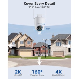 MUBVIEW Solar Security Cameras Wireless Outdoor, 2K 360° PTZ Battery Powered Outdoor Camera, 2.4Ghz WiFi Home Security Camera, Color Night Vision, Motion Detection, 2-Way Audio, Local/Cloud Storage