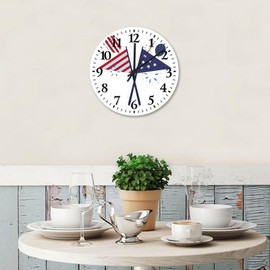 12 Inch Silent Non-Ticking Wall Clocks Battery Operated 4th of July Red Navy Blue American Flag Wall Decor for Kids Room USA Flag Decorative Round Wooden Wall Clock Rustic for Kid's Room Family Room