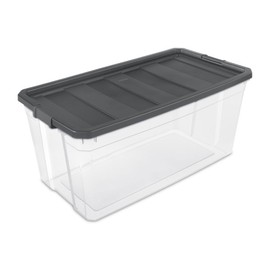 Sterilite 200 Quart Plastic Stacker Box, Lidded Storage Bin Container for Home and Garage Organizing, Shoes, Tools, Clear Base & Gray Lid, 3-Pack