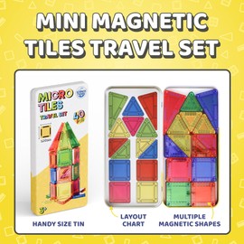 Science Kidz 40-Piece Mini Magnetic Tiles Travel Set - 40 Magnetic Building Tiles & Travel Tin - Magnetic Shapes For Kids - Aeroplane Activities Travel Toys