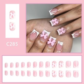 Bows Press on Nails Short Square Fake Nails 3D Resin Bow Charm Glossy Designs Pink Full Cover Glue on Nails Reusable Artificial White French Tip False Nails for Women DIY Manicure Decoration 24Pcs
