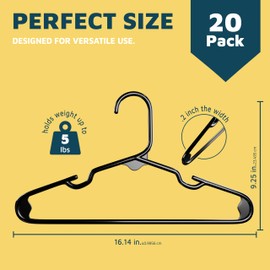 Lifemaster Plastic Kids Clothes Hanger – Children Clothes Hanger with Shoulder Notch, 11.6 Inch Space-Saving Closet Organizer for Baby, Toddler, and Kids Clothing, Hold Up to 5 lbs, Pack of 20, Black