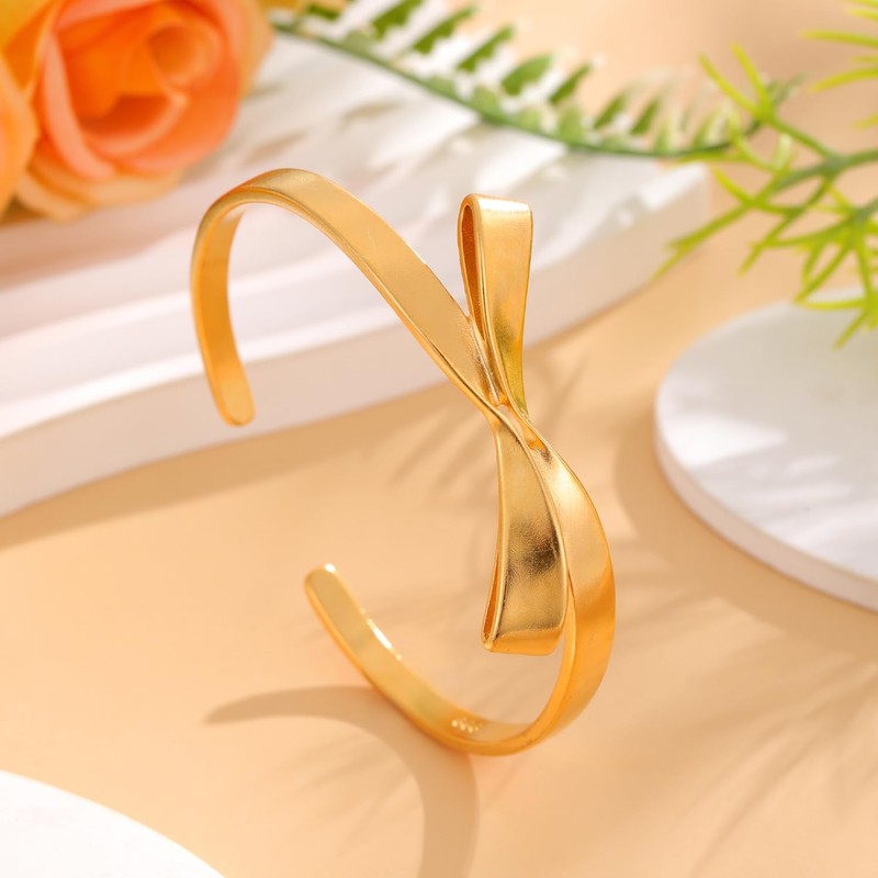 LUREME Golden Bowknot Bowtie Open Bangle Cuff Bracelets for Women(bl003590)
