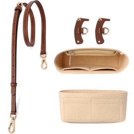 Proxima Direct Adjustable Leather Shoulder Strap Replacement (Brown Gold) with Multi-Pocket Felt Handbag Organiser Insert (Beige) for Mini Tote Bag