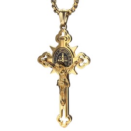 bahamut Jesus INRI Crucifix Saint St. Cross Pendant Necklace for Men Stainless Steel Religious Jewelry Rolo Chain (Gold INRI Cross)