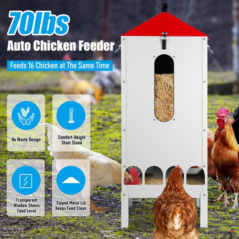 PAUQRWIE 70-80lbs Large Automatic Chicken Feeder with 16 Feeding Ports