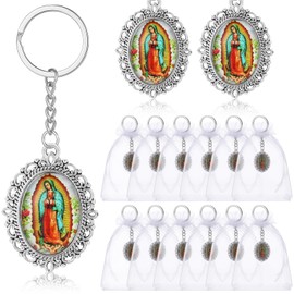Landical 24 Pcs Our Lady of Guadalupe Keychains Baptism Favors for Guests First Communion Gift Christian Key Rings with Organza Gift Bags Religious Keychain Gift for Recuerdos de Bautizo
