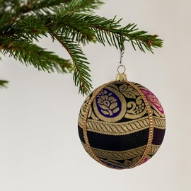 Ishita Handmade Bauble | 10cm Black with Gold Thread Work | Bright Colours | Made from Recycled Fabrics | Unique Christmas Ornament | Eco-Friendly Décor | Sustainable