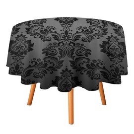 SHElifestyle Gothic Black Damask Round Tablecloth, Vintage Floral Exotic Bohemian Antique Victorian Table Cloth Water Resistant Table Cover for Farmhouse Party Holiday Kitchen Dinner Table 70"