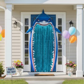 Shark Party Decorations Hanging Supplies - Cartoon Shark Door Banner Sea Animal Photo Backdrop with Blue Foil Fringe Curtains for Ocean Theme Wall Decor, Photoshoot Props