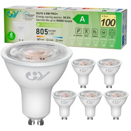 GY GU10 LED Warm White Lamp, 4.5 W 2700 K 805 Lumen Warm White Bulbs, Replaces 100 W Halogen Bulbs, 36° Beam Angle Spot Spotlight, Energy-Saving GU10 Non-Dimmable Reflector Lamps, Pack of 6