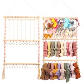 Saiories Headband Holder Hair Bows Organizer for Girls, Boho Baby Headband Hair Accessories Organizer for Baby Girls Bow Hanger Storage for Toddler Girls Room Wall Decor (Yellowish pink)
