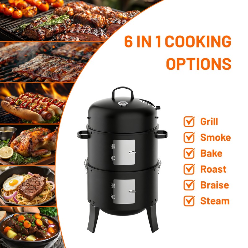 18 Inch Vertical Charcoal Smoker, 3-in-1 Heavy Duty