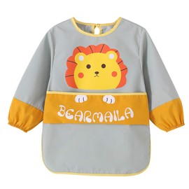 Happy Cherry - Bib Baby Waterproof Painting Craft Apron Children Boys Girls Painting Apron Children's Apron with Long Sleeve for Food Play Toddler Sleeve Bib Nursery - 1-5 Years, Grey - Lion