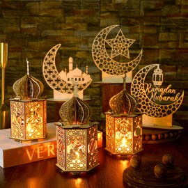 Rossesay 9 Pcs Eid Decorations Ramadan Lanterns with LED Tea Lights Moon Hollow Eid Plaque Set Eid Mubarak Table decor Muslim Wooden Hanging Lantern Night Light for Ramadan Kareem Party Decorations