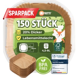 FRITTI® Baking Paper for Hot Air Fryer, Pack of 150, DEKRA Tested 20-25 cm Square XL Hot Air Fryer Accessories Paper for Airfryer 4.5-8 L