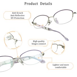 LifeArt Alloy Semi-Rimless Reading Glasses,Blue Light Blocking Glasses, Anti Eyestrain, Computer Gaming Glasses, TV Glasses for Women Men, Anti Glare (Purple, +1.50 Magnification)