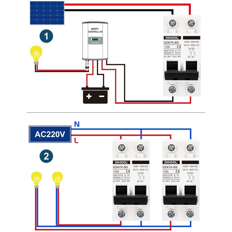 DIHOOL Solar Disconnect Switch,10 Amp 2 Pole,Non Polarized,12V/24V/48V/110V/220V/400V,AC/DC Circuit Breaker,DIN