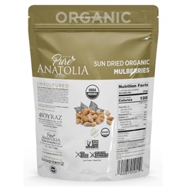 Organic Sun Dried White Mulberries by Pure Anatolia, Non GMO, No Sugar Added, Sulfur Free, Healthy Whole Fruit Fiber Snacks, Pack of 12