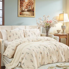 Herside Cream Duvet Cover Set Single Size 100% Washed Cotton Bedding Set Vintage Disty Floral Bedding Cover 2 Pcs Luxury Soft and Breathable Duvet Cover with Zipper Closure