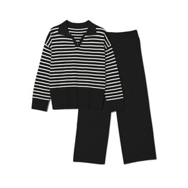 Pink Queen Fall Sweater Sets for Women 2 Piece Long Sleeve Collar V Neck Sweatsuit Knitted Stripe Pajamas Black M