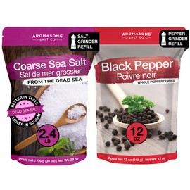 Aromasong Organic Coarse Sea Salt (2.43 LB.) with Black Peppercorn (12 OZ) Grinder, Mill Refill Combo Set for Cooking & Baking - Bulk Resealable Bag