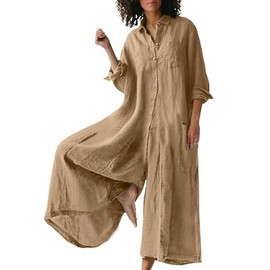 CHARTOU Women Linen Button Down Long Sleeve Wide Leg Jumpsuit Beach Palazzo Pants One Piece Jumpsuit (Large,Khaki)