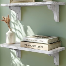 Willowy Real Wood Rustic White Wall Shelves for Bedroom - 17 inch (2 Pack) - Easy to Install, Template and Video Included - Solid Wood Floating Shelves, Farmhouse Bathroom Shelves