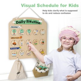 Joyreal Wooden Visual Schedule for Kids - Three Rows Hanging Daily Schedule Chart for Home & Classroom - Morning Bedtime Routine Chart and Chore Reward Chart for Toddlers - Autism Learning Materials