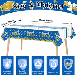 chiazllta Set of 3 Graduation Tablecloths Class of 2025 Congrats Grad Blue Graduation Party Tablecover Decorations Party Supplies Large Size Plastic 54"x108"(Blue & Gold)
