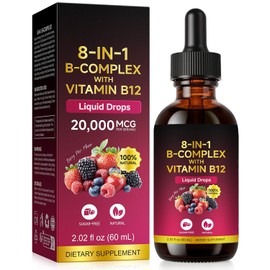Vitamin B Complex Liquid Drops 20000mcg with Methyl B12, Folate, Biotin & 8 Essential B Vitamins, Sugar Free Berry Flavour, High Strength Vitamin B Supplement, Energy Metabolism Support, 60ml