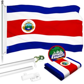 G128 Combo Pack: 6 Ft Aluminum Spinning Flagpole (Silver) & Costa Rica Costa Rican Flag 3x5 Ft, ToughWeave Series Embroidered 300D Polyester | Pole with Flag Included