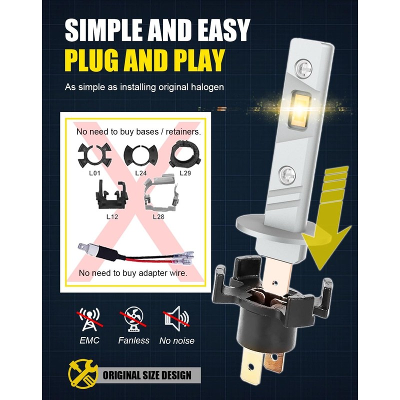 CHOPDARK H1 LED Bulb 3000K Yellow Light Fog Lamps 1:1