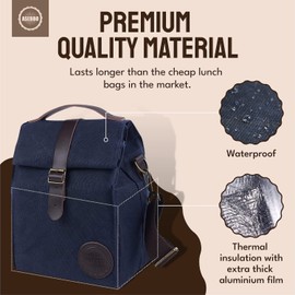 ASEBBO Insulated Lunch Bag for Men, Women - 10L Waxed Canvas Cool Bag with Genuine Leather Handle and Strong Buckle Closure, Reusable Lunch Cooler Bag for Work School Picnic Food (Blue)