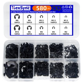 NexSync 580Pcs E-Clip External Retaining Rings Snap Rings Assortment Set, 65Mn Steel E-Clip Kit, 10 SAE Sizes Circlip Snap Rings M1.5- M10