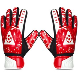 Jazzy Sports Youth Goalie Gloves with Double Wrist Protection, Non-Slip Latex Material, Adult Soccer Goalkeeper Gloves (Red, Size 5 Suitable for 9-12 Years)