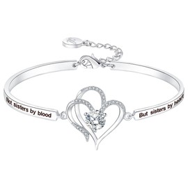 Aihitero Christmas Unbiological Sister Gift, ‘Not Sisters by Blood but Sisters by Heart’ Love Bangle Bracelet, White Gold Women Girl Jewelry Birthday Valentines Xmas Present to Friend Bonus Stepsister