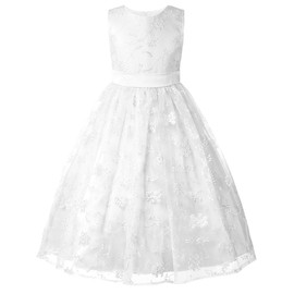 JerrisApparel Girl's Lace Floral Embroidery Dress Flower Girl Dress Sleeveless A-Line Tulle Gown (9-10 Years, White)