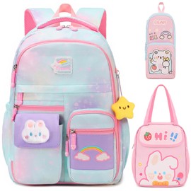 Flrsea 3PCS Girls Backpack Set, Kids Backpack for Girls, Cute Bunny Rainbow School Backpacks for Girls Kindergarten Elementary Middle School Bags with Lunch Box Pencil Case(Blue 16.5in)