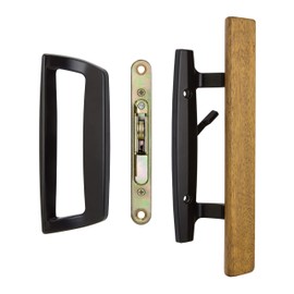 FPL Bali NAI Sliding Glass Door Handle and Mortise Lock Set with Oak Wood Pull in Black Finish, Standard 3-15/16” CTC Screw Holes, 1-1/2" Door Thickness