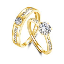 Kamise Silver Couple Rings for Women/Men, 2PCS 925 Sterling Silver Matching Wedding Anniversary Rings Set, Adjustable Zirconia Engagement Ring, Gold Plated Forever Love Ring for Valentines Birthday