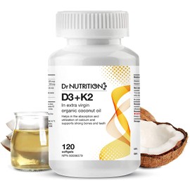 Dr Nutrition 360 Dr Nutrition 360 Vitamin D3 + K2 in Organic Coconut Oil, Vitamin K2 MK7 + D3 (1000IU), Rapid Bone and Heart Health Formula, Helps Absorb and Utilize Calcium, Supports Immunity, Improves Mood - 120 Softgels