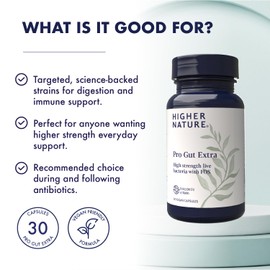 Higher Nature - Pro Gut Extra - High Strength Probiotic With Prebiotic - Multi-Strain Probiotic For Digestive System - Live Bacteria With FOS - 20 Billion CFUs - 6 Proven Strains - Vegan - 30 Capsules